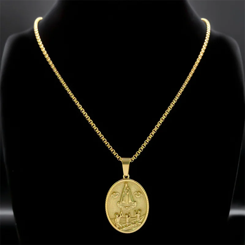 Katolicki naszyjnik z medalem Dziewicy dla kobiet Mężczyźni Stal nierdzewna Złoty kolor Kąt Święty Łańcuch Biżuteria collier NZZ462S02 — zdjęcie 4