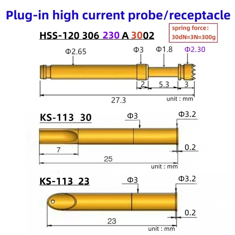 High Current Probe Plug-in Pin HSS120306230A3002 24A Test Pin Needle Cover KS-113 30 KS-113 23 Dia 2.30mm 2.65mm 27.3mm 300g