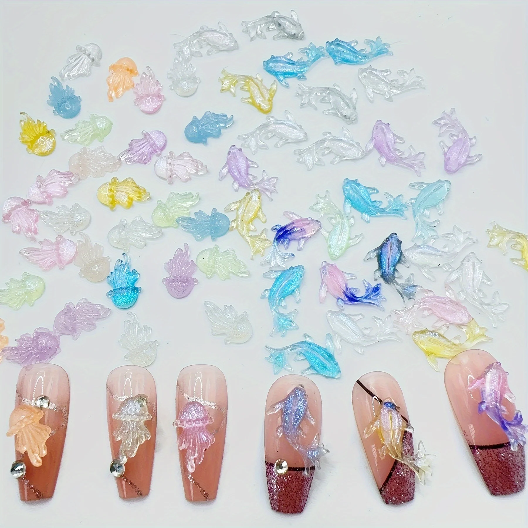 100 Stück Miniatur-Ozean-Tier-Charms-Set für Nagelkunst, niedliches Kawaii-Harz, Fisch, flache Rückseite, Strasssteine, DIY-Nageldekorationen