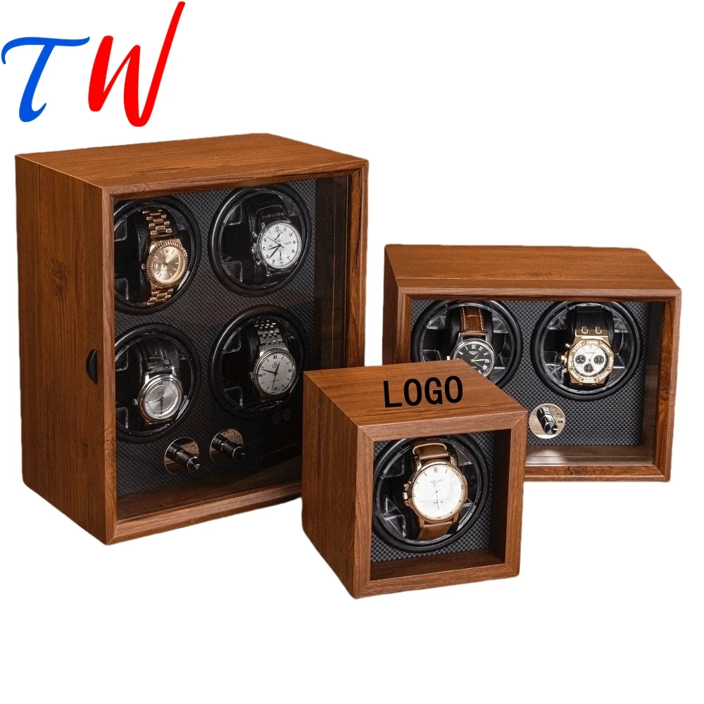 

Custom Logo Black Walnut Wood Pattern Watch Winder for Multi-Position Independent Rotator Control Knobs Glass Front Display Case