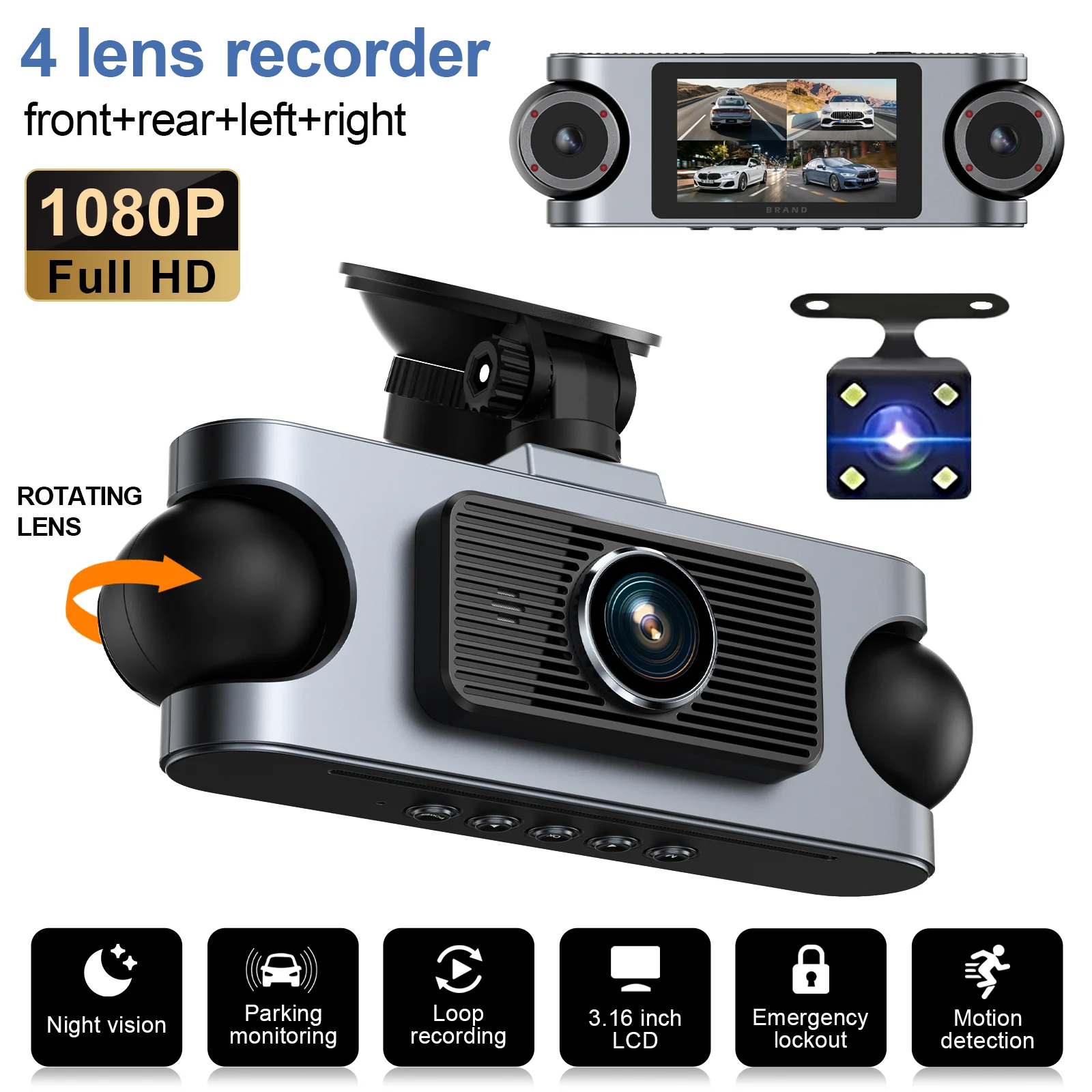 4-Channel Dash Cam: 1080P Front + 720P Other Channels, Night Vision, Loop Recording, G-Sensor, Parking Monitor (Hardwire Kit Req