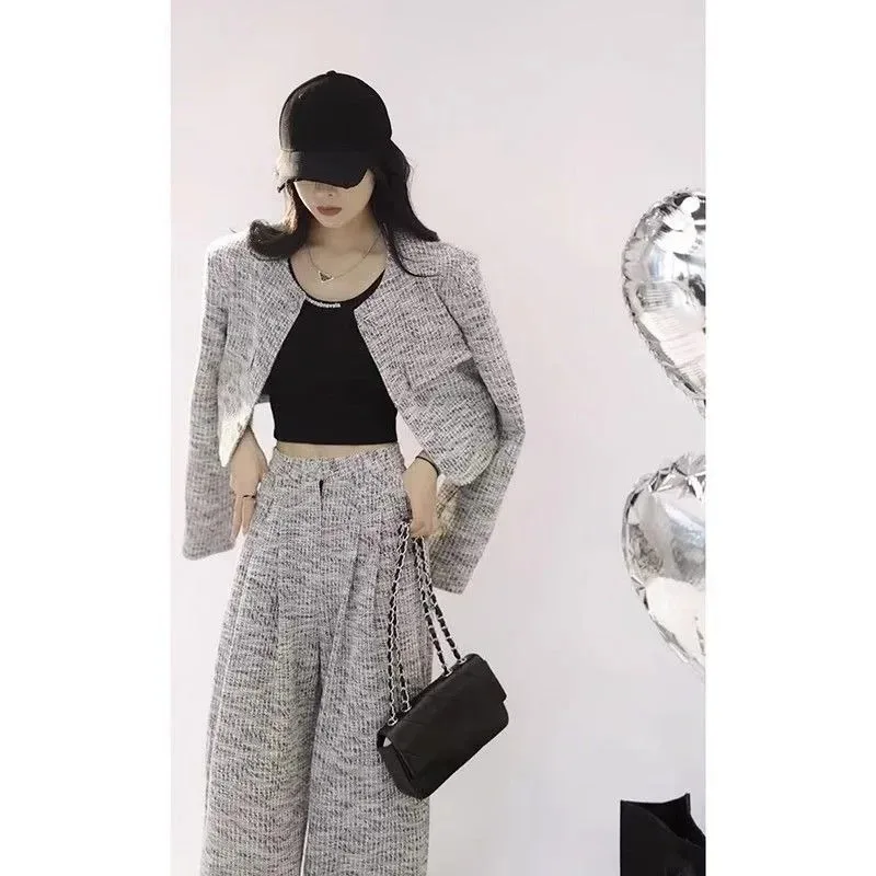 Fashion Fragrance Temperament Suit Women O-Neck Coat Wide Leg Pants French Gentle Slim Solid Female Spring Chic Two Piece Set