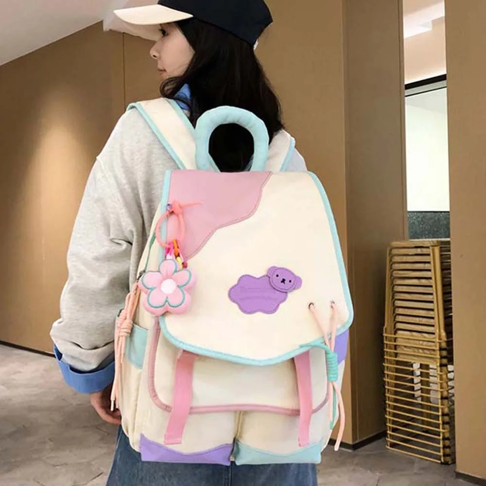 

Nylon Contrast Color Backpack Candy Color Adjustable Straps Large Capacity Daypack Flower Pendant Japanese Style