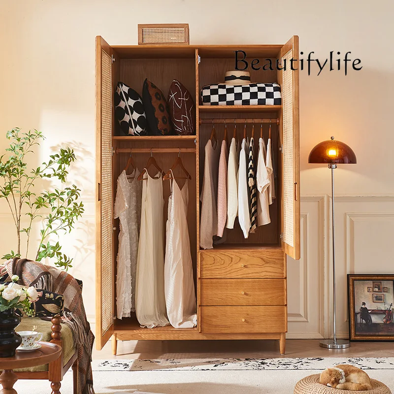 Wabi Sand Solid Wood Wardrobe Household Bedroom Small Apartment Partition Multifunctional Storage Wardrobe Double Door Rattan Ca