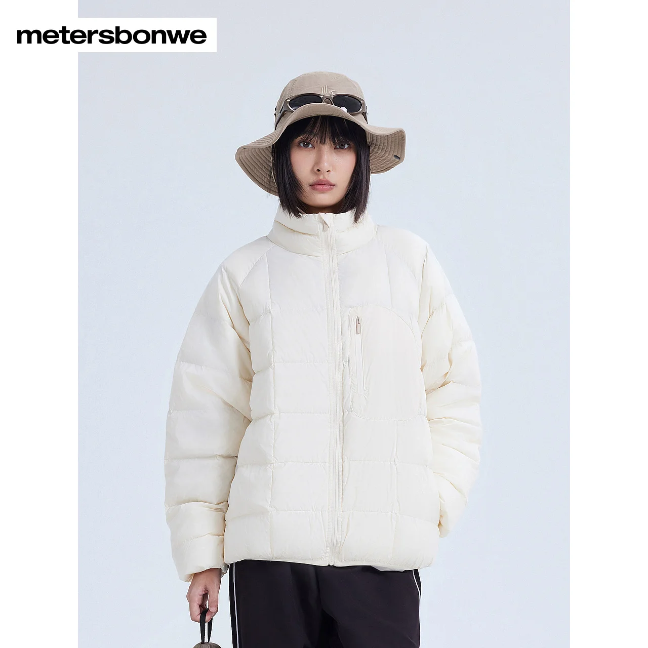 Metersbonwe-Chaqueta con cuello levantado para mujer, chaquetas acolchadas de Color sólido, ligeras, de plumón de pato blanco, equipo cálido, bolsa portátil para invierno