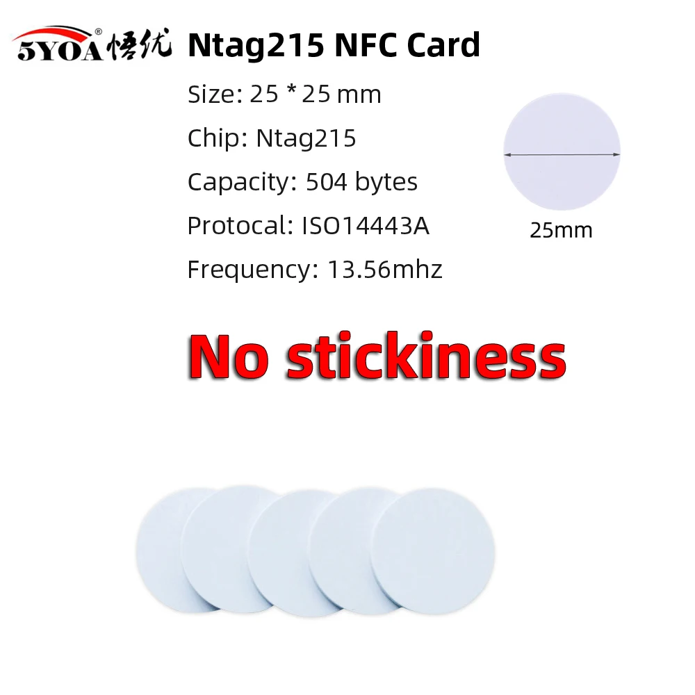 Karta NFC Ntag215 5YOA, miniaturowa, 13.56MHz RFID Ultralight, etykieta, okrągła mini karta 25mm - opakowanie 5/10/50 sztuk
