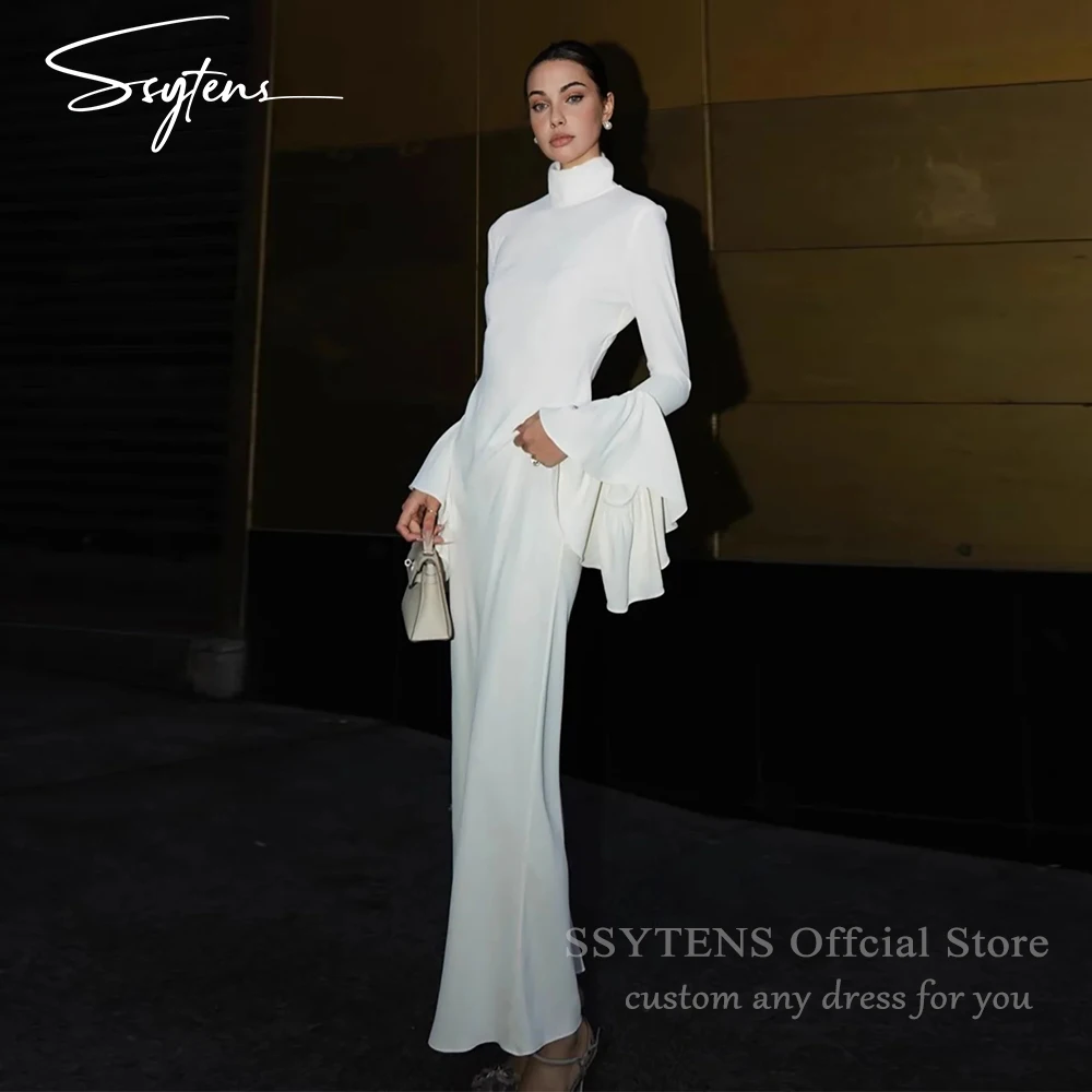 

SSYTENS Elegant White Long Evening Dresses Modest Full Sleeves Prom Dresses Saudi Arabric Special Events Prom Gowns Customized