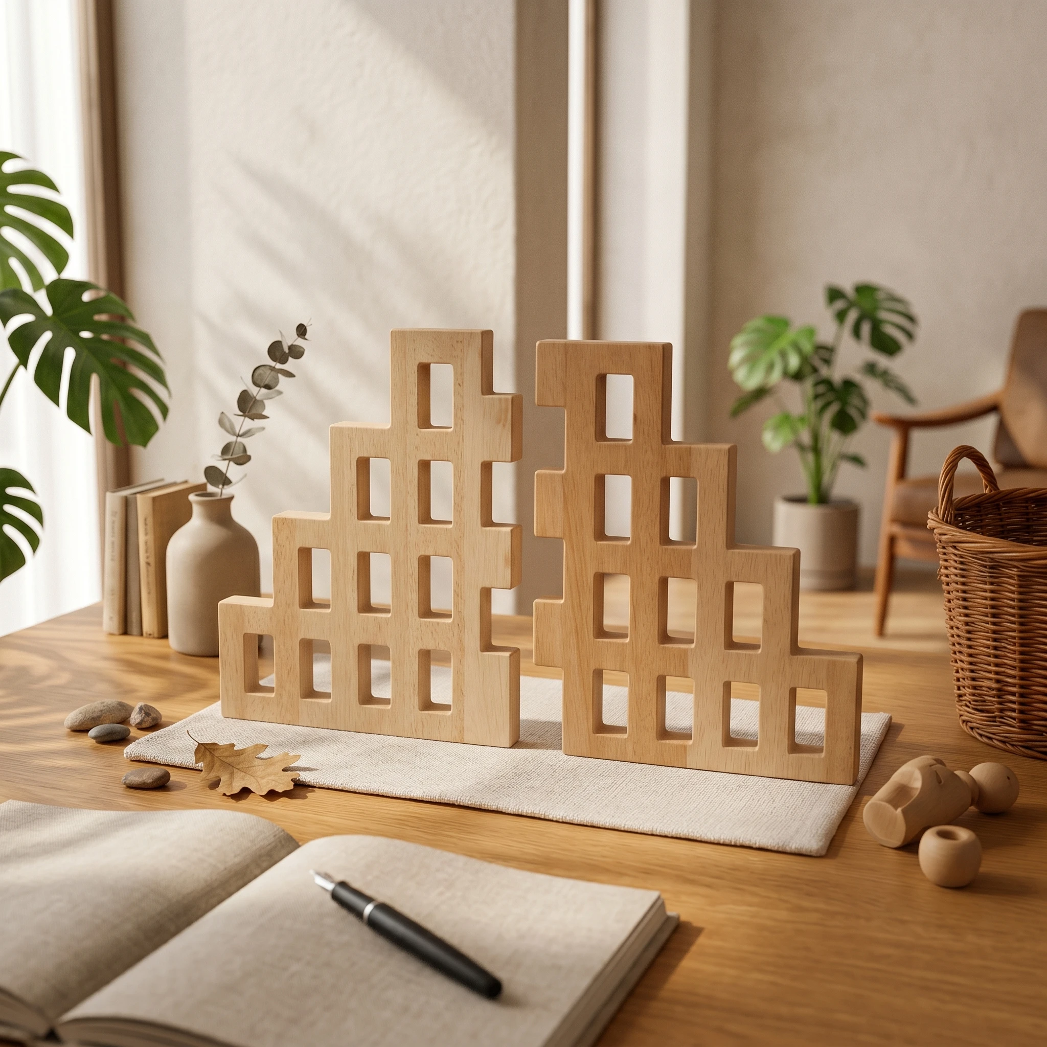 

2 Pieces House-Shaped Wall Panel Window Cutouts Interlocking Wood Panel Interior Decor Light-Colored 3D Texture