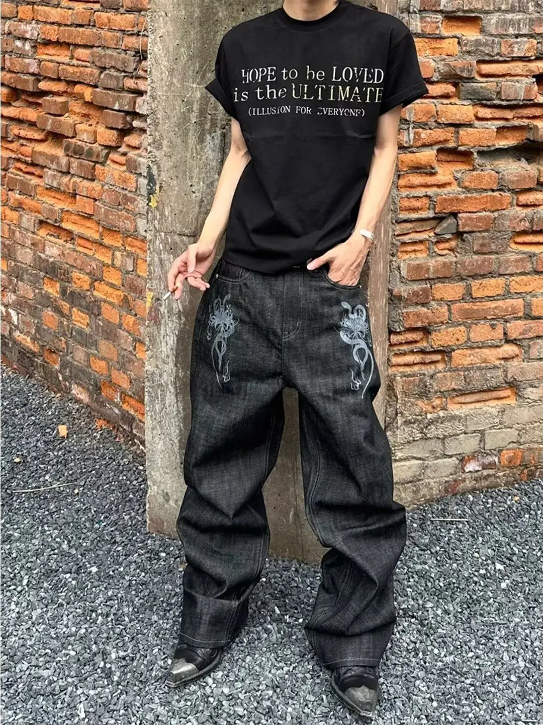 

Retro American Snake Bone Print Wide Leg Jeans Loose Fit Straight Leg Long Trousers for Men And Women Spring Fashion