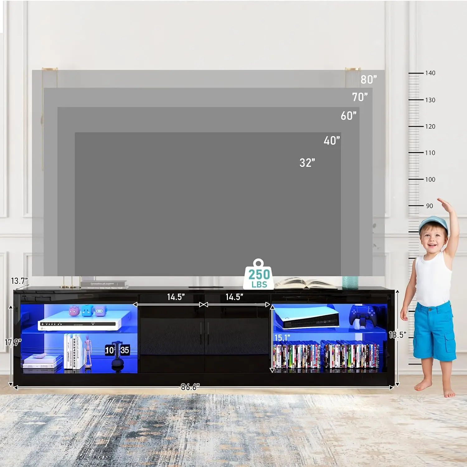 86in Glossy LED TV Stand for 75-90in TV w/ RGB Lighting Console w/ Power Outlet Glass Shelves Living Room Bedroom, Customized