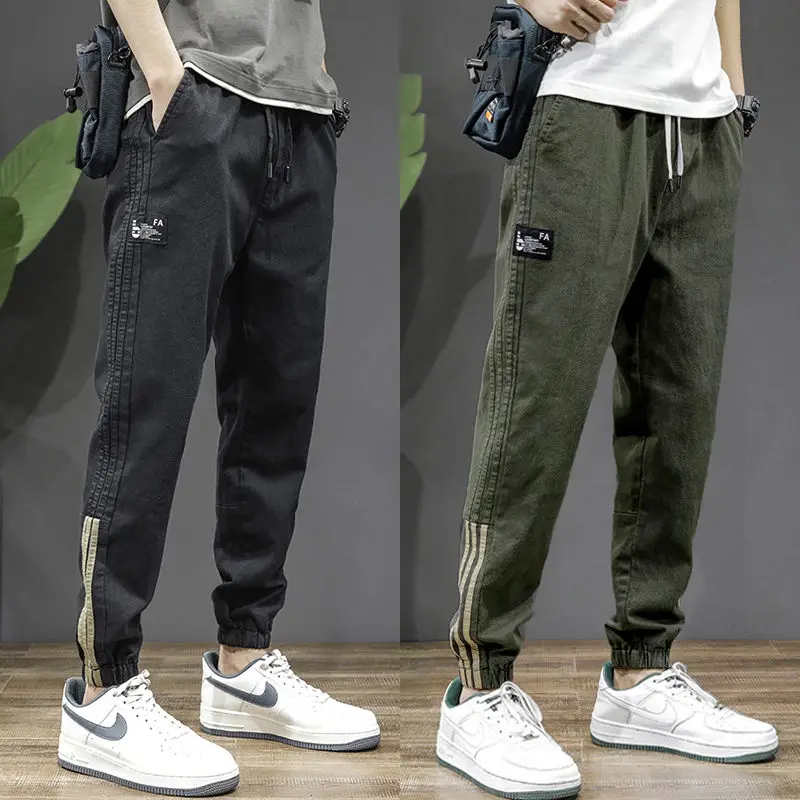 2023 New Patch Pocket Men's Striped Harun Korean Bound Cargo Pants Classic Men's Thin Fashion Waist Drawstring Casual Trousers