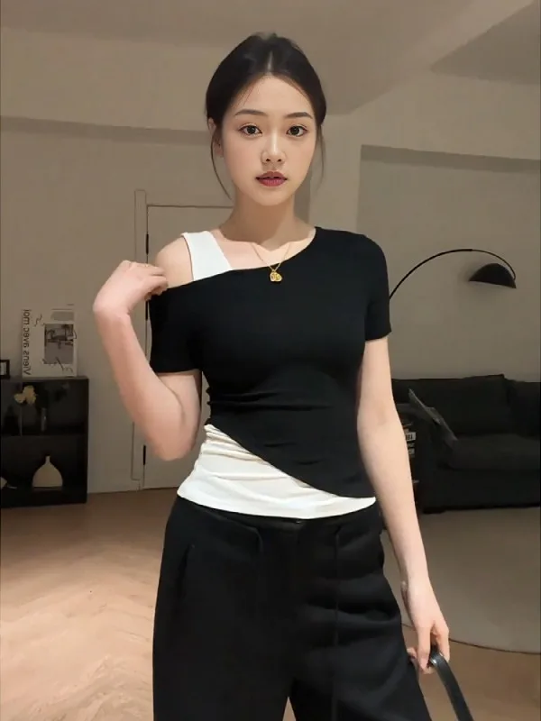 

Женский летний топ больших размеров в корейском стиле, однотонный, универсальный, облегающий, с эффектом двухслойности, для всех типов фигуры