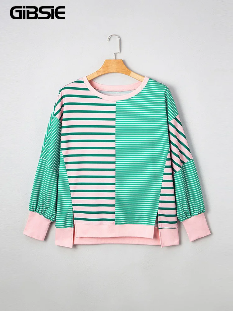 

GIBSIE Plus Size Striped O-Neck Long Sleeve Slit Sweatshirt Women 2025 Autumn Fashion Loose Matching Casual Pullover Jumper Top