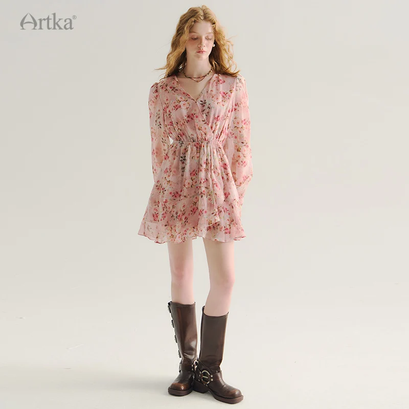 ARTKA 2024 Early Autumn New Women Dress Elegant Floral V-Neck Chiffon Dresses Long Puff Sleeve High Waist Dress LA92645Q