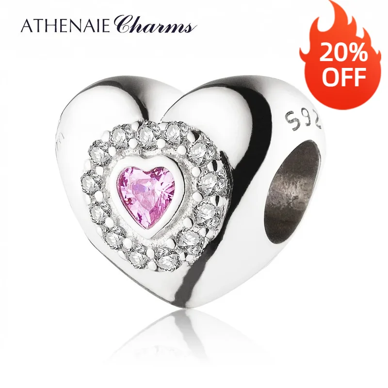

ATHENAIE Color Rose Gold and Clear Genuine 925 Silver Heart Shape Bead Fit Charm Bracelet & Necklace For Jewelry Making