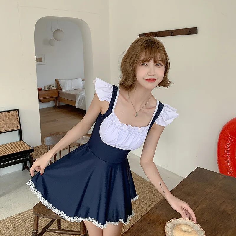 JK สาวแม่บ้านสไตล์ Lolita ชุดว่ายน้ํา One Piece ชุดว่ายน้ําชุดสตรีฤดูร้อนหวาน Ruffle แขนกุดชุดว่ายน้ําเปลือยชุด