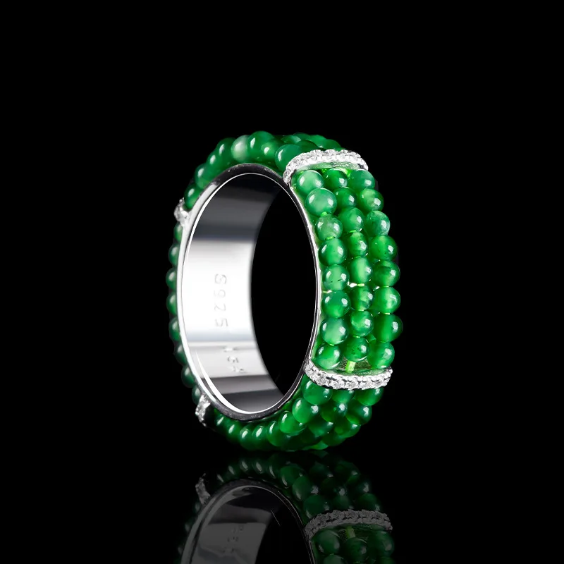 Authentic S925 Silver Inlaid Natural A-grade Jade Yang Green Millet Beads Ice Jade Ring Fashionable aHigh-end Women's Jewelry