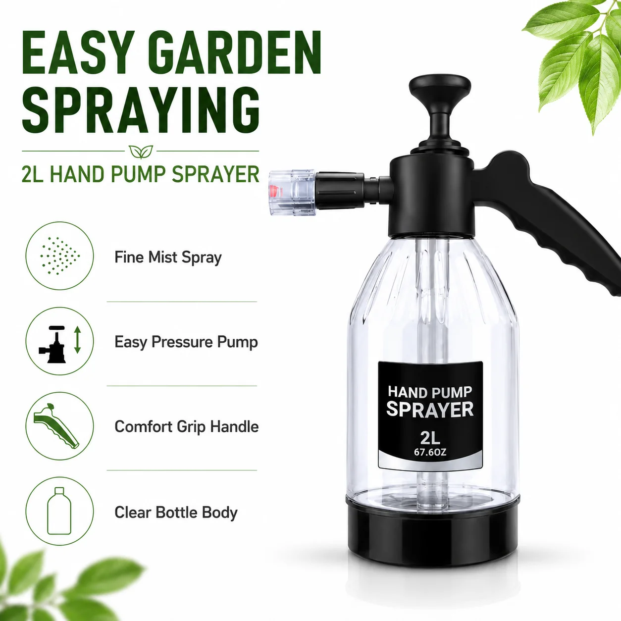 2L Handheld Garden Sprayer Manual Pressure Pump Bottle With Dual Nozzles, Fine Mist Spray For Plants Flowers And Lawn Watering