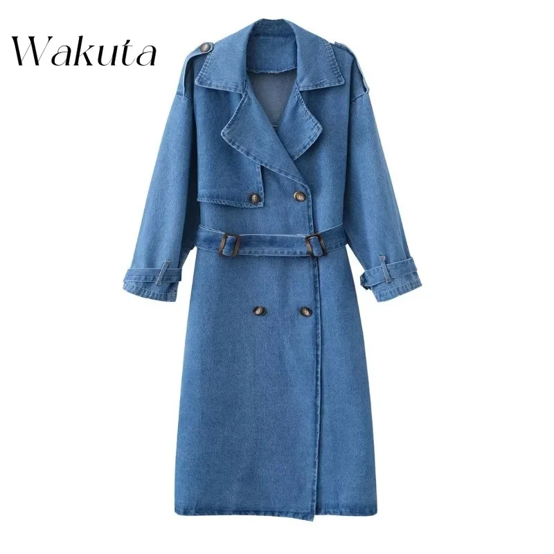 

WAKUTA Classic Lapel Long-sleeved Trench Fall Loose Double-breasted Jacket Fashion Commuter with Belt Denim Women's Windbreaker