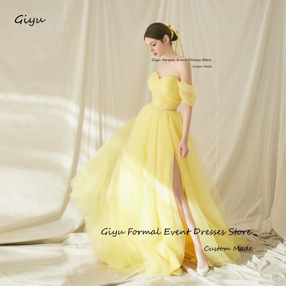 

Giyu Sexy Off Shoulder Yellow Tulle Prom Dresses Korea Wedding Photoshoot Long Sleeves Evening Gowns Corset Back Formal Party