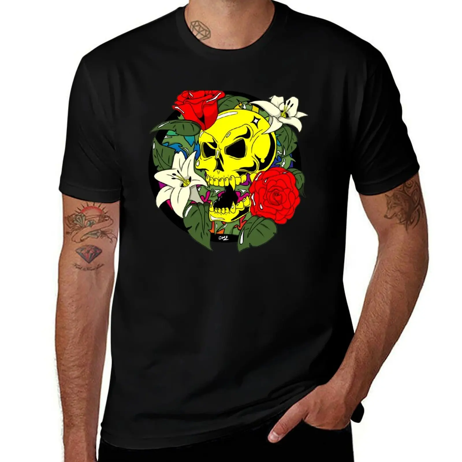 Skulls and roses and lilys oh my T-Shirt Functional Casual Short Sleeve Tee T-Shirt