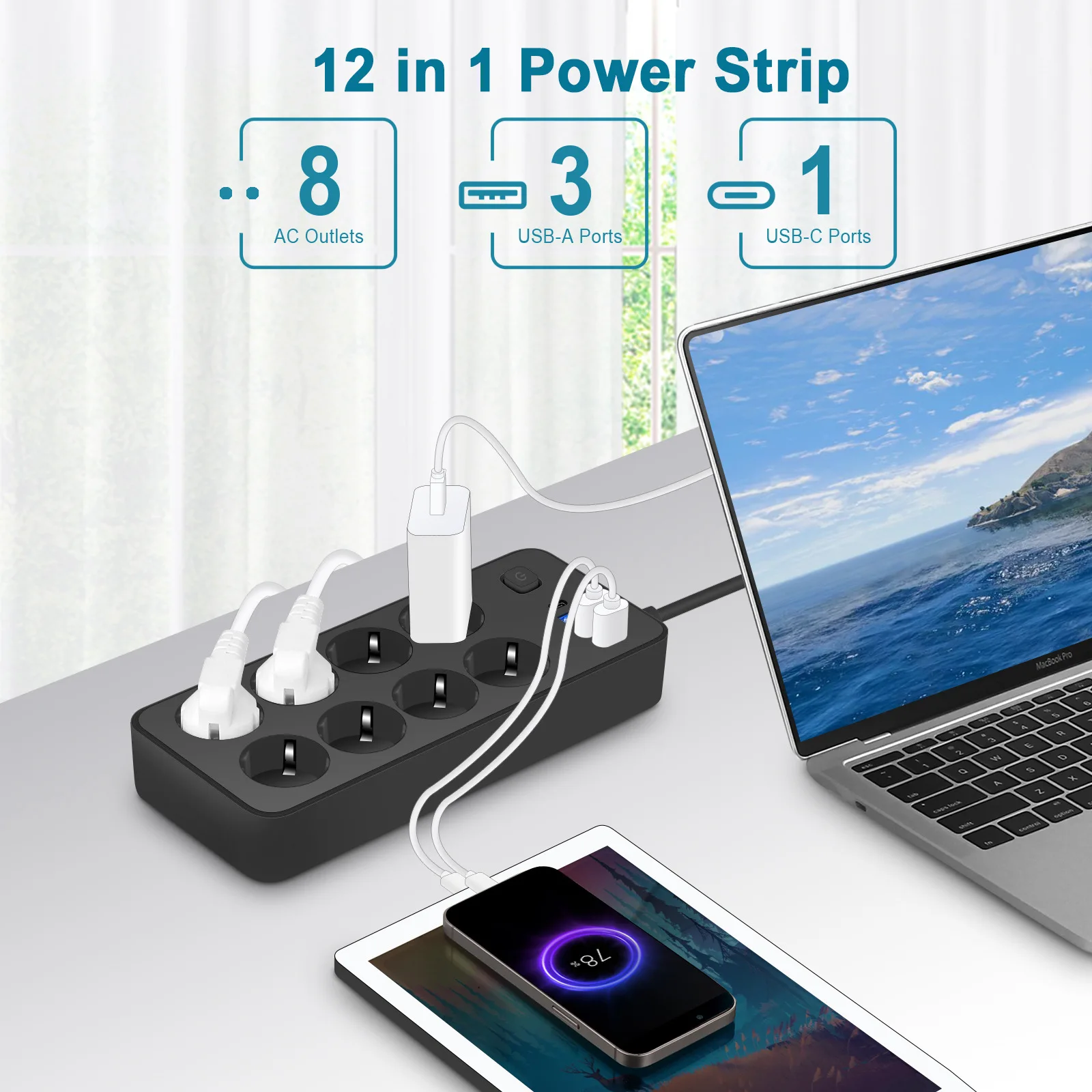 كابل تمديد شريط طاقة قابس أوروبي ، 8 منافذ تيار متردد ، مقبس كهربائي مع 3 USB 1 ، فلتر شبكة من النوع C ، شحن سريع ، 3.94 قدم