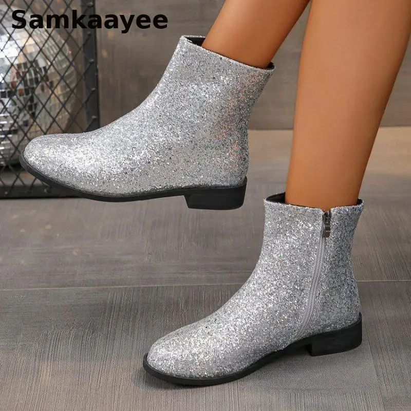 

36–43 женские ботинки, весенне-осенняя обувь, женская обувь до щиколотки с блестками, мягкая подошва, противоскользящая обувь на молнии с круглым носком, обувь челси y40