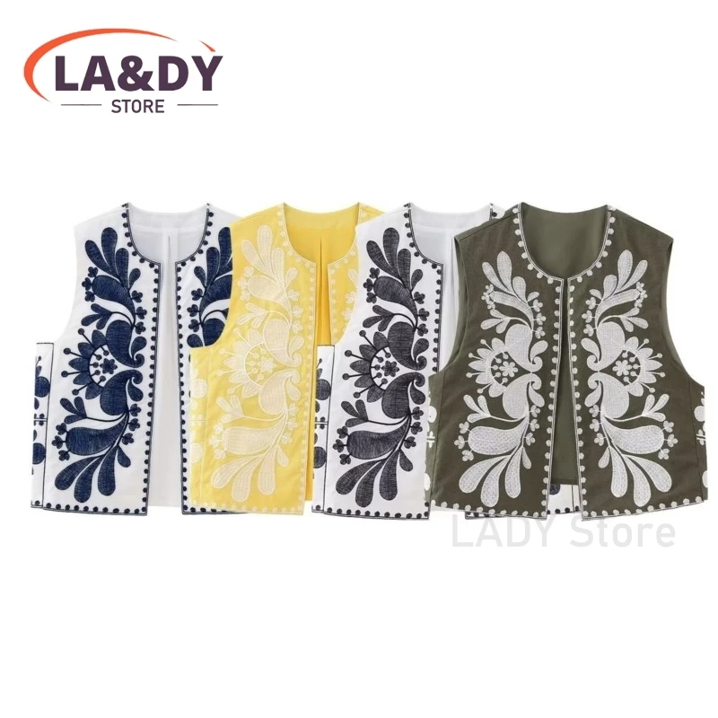 Vest Women Fashion Vintage Round Neck Floral Embroidery Female 2024 Casual Sleeveless Commuting Tank Tops