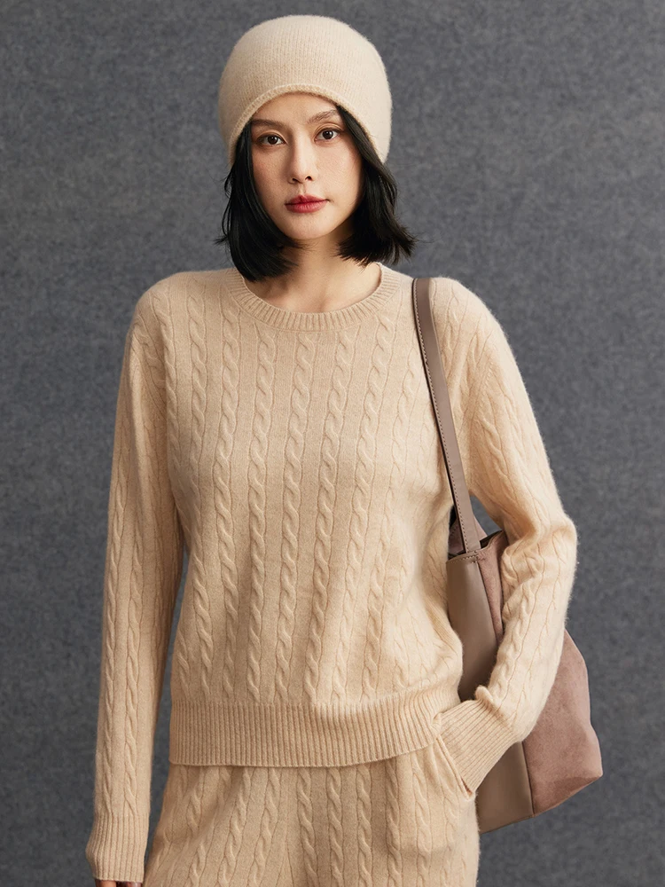 

TLOML New Women 100% Cashmere Sweater Autumn Winter O-neck Pullover Cable Knitting Casual Style Cashmere Knitwear Soft Warm Tops
