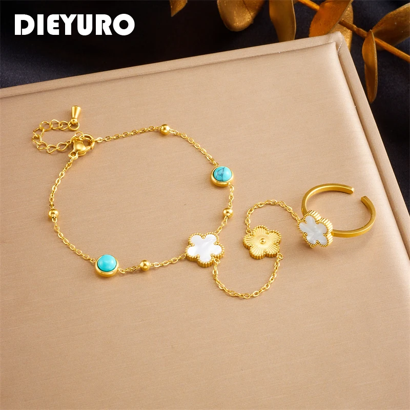 DIEYURO 316L Stainless Steel Five Leaf Flower Finger Ring Chain Bracelet For Women Fashion Jewelry Party Gift pulseras mujer