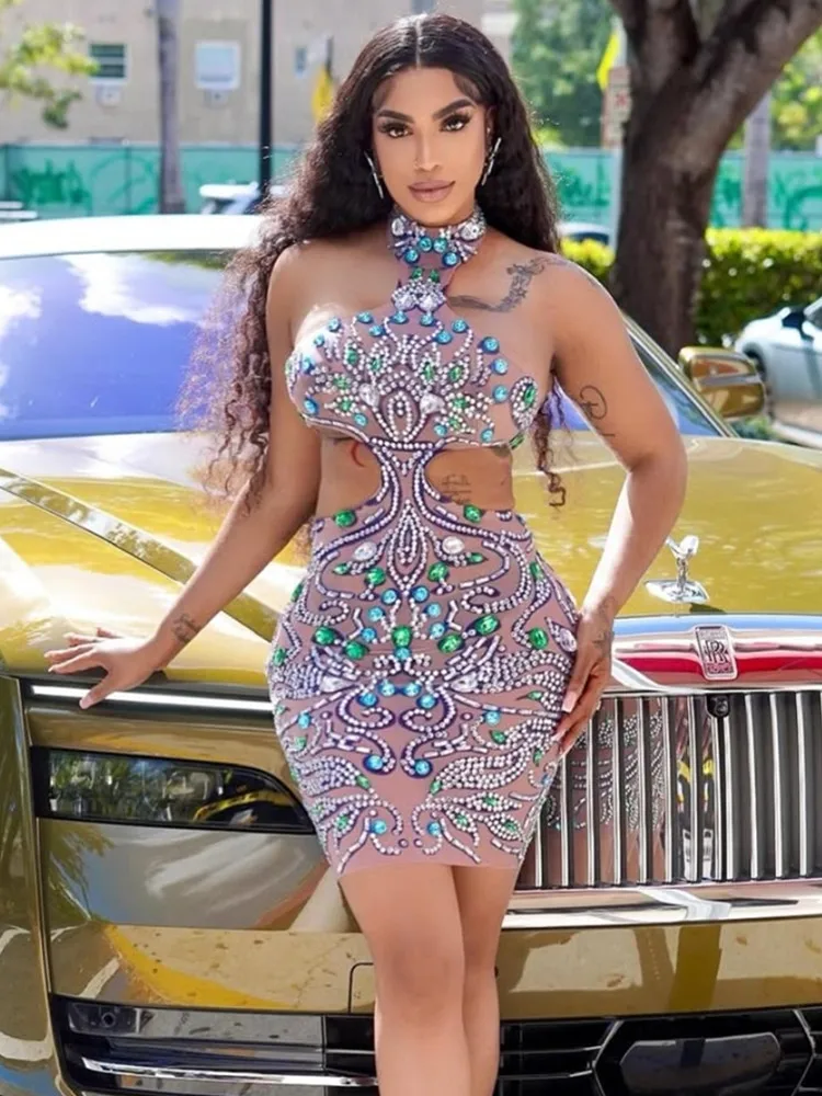 

Women Luxury Sexy Mesh Sequins Backless Mini Crystal Diamonds Dress Birthday Party Costume Bar Nightclub Stage Performance Dress