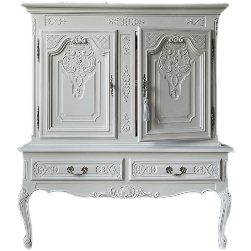 

French solid wood carving flower dining side home display case retro old white storage cupboard