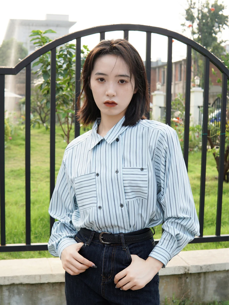 

Early Autumn Women's Korean Sle Cotton irt Casual Long Sve Blue Striped Design Pure Cotton Comfortable Commute Faion