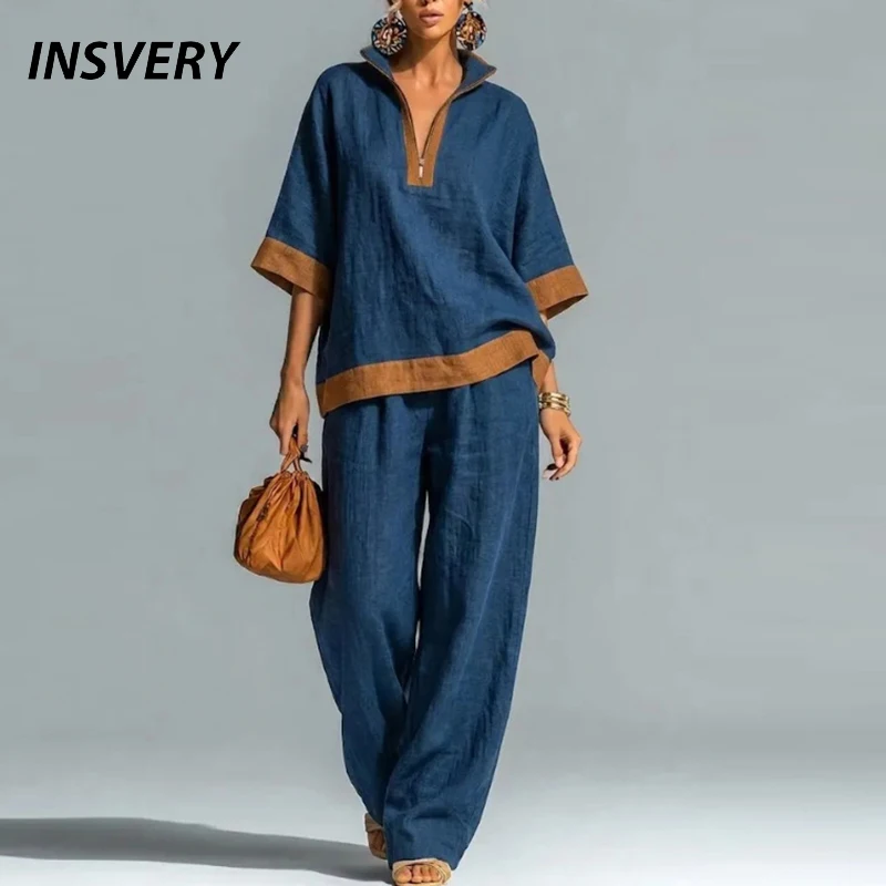 Summer Short Sleeve V Neck Zipper Design Patchwork Color Shirts Wide Leg Pants Suit Women Casual Two Piece Set Work Suits
