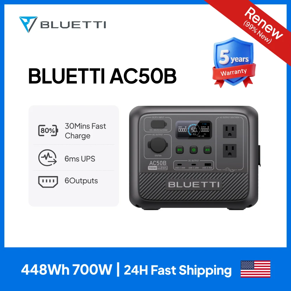 

【РЕНЗОВАЯ гарантия 5 лет】США на складе Портативная электростанция BLUETTI AC50B | Аккумулятор LiFePO4 мощностью 700 Вт, 448 Втч для дорожного поездки/выключения