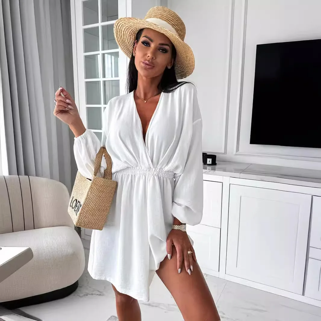 Women Causual V Neck White Mini Dress Boho Solid Beach Long Sleeveless Sundress Oversized Loose Dress 2024 Autumn A-line Dress