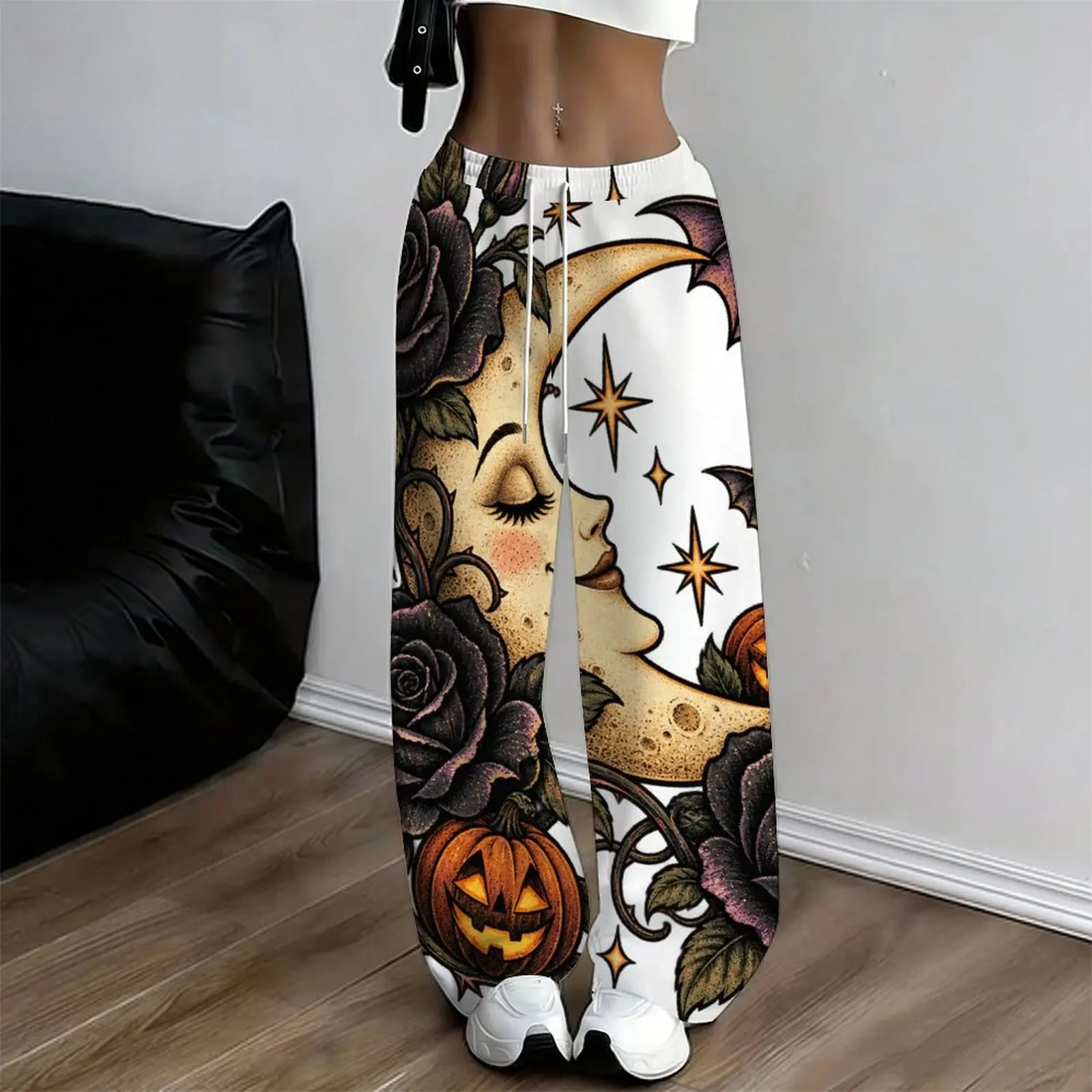 Women Loose Straight Leg Full Length Printed Pants, Crescent Moon Dark Rose Pumpkin Star Bat Pattern