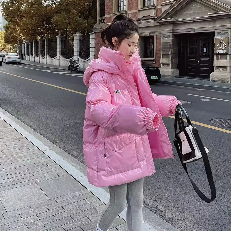 

Pink Glossy Down Cotton-padded Jacket Women 2024 Winter New Loose Thick Parka Coat Casual Hooded Medium To Long Outerwear