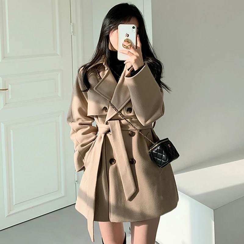 

Chic Autumn Winter Woolen Coat with Waist-Cinching Belt Long Sve Tailored Lapel Design for Petite Women