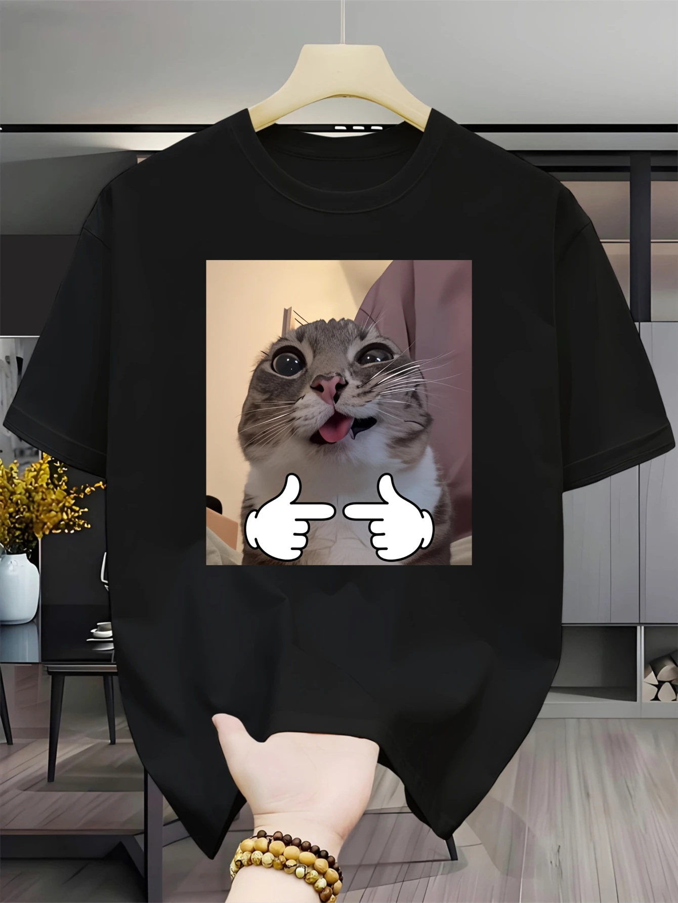 Surprised Pointing Cat Meme Graphic T Shirt For Men Funny Kitty Crew Neck Tee Humorous Pet Theme Casual Male Daily Outfit Tops