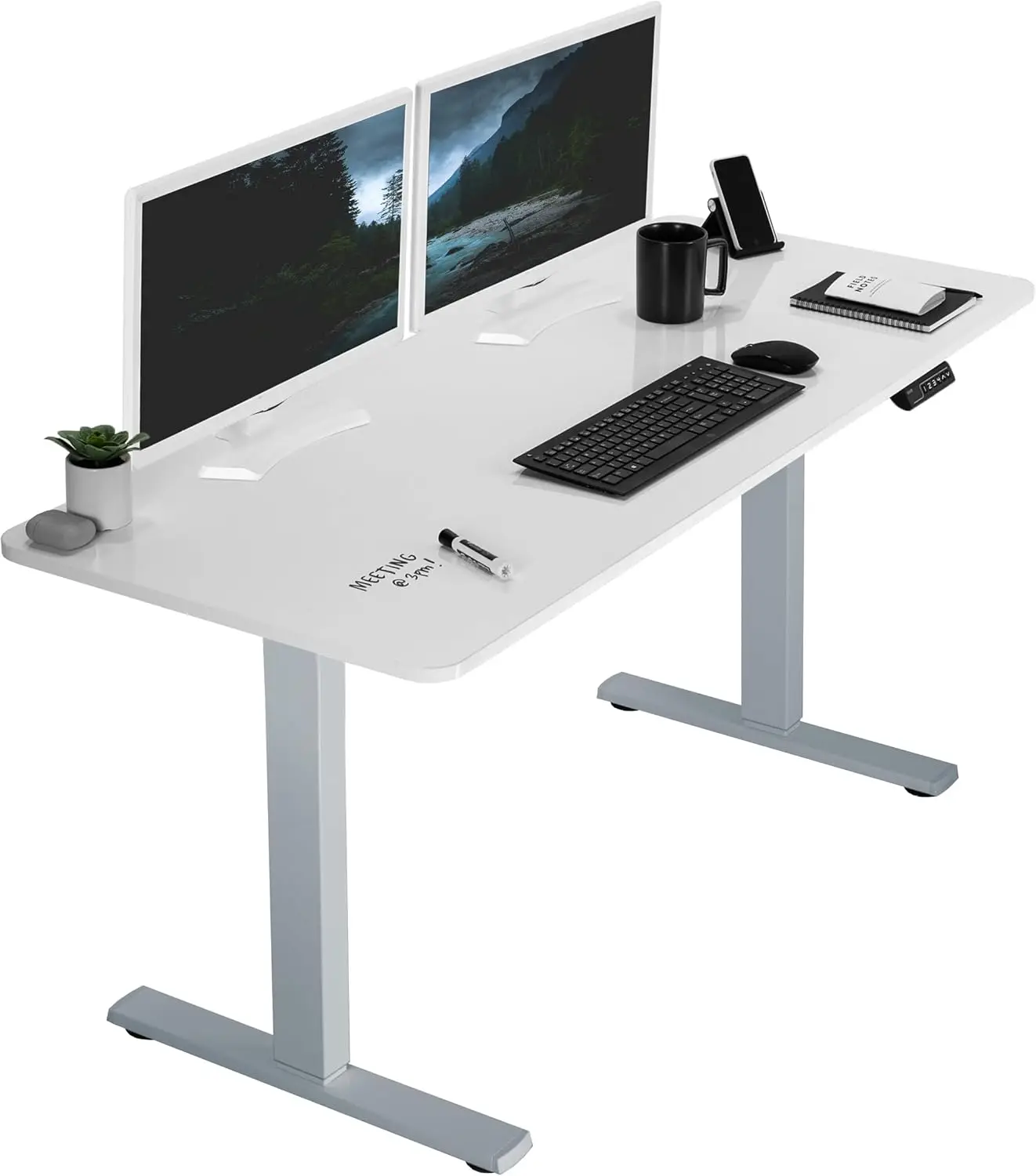 60 x 24 inch standing desktop workstation, memory controller height adjustment, whiteboard top gray frame