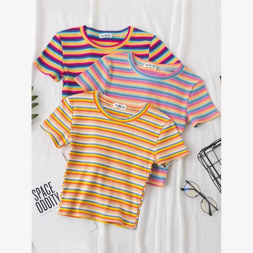 جديد المرأة سليم صالح قوس قزح تي شيرت مخطط Cleanfit Sle ثلاثية الأبعاد تأثير Ciwalk Faion تنفس مريحة السيدات #5