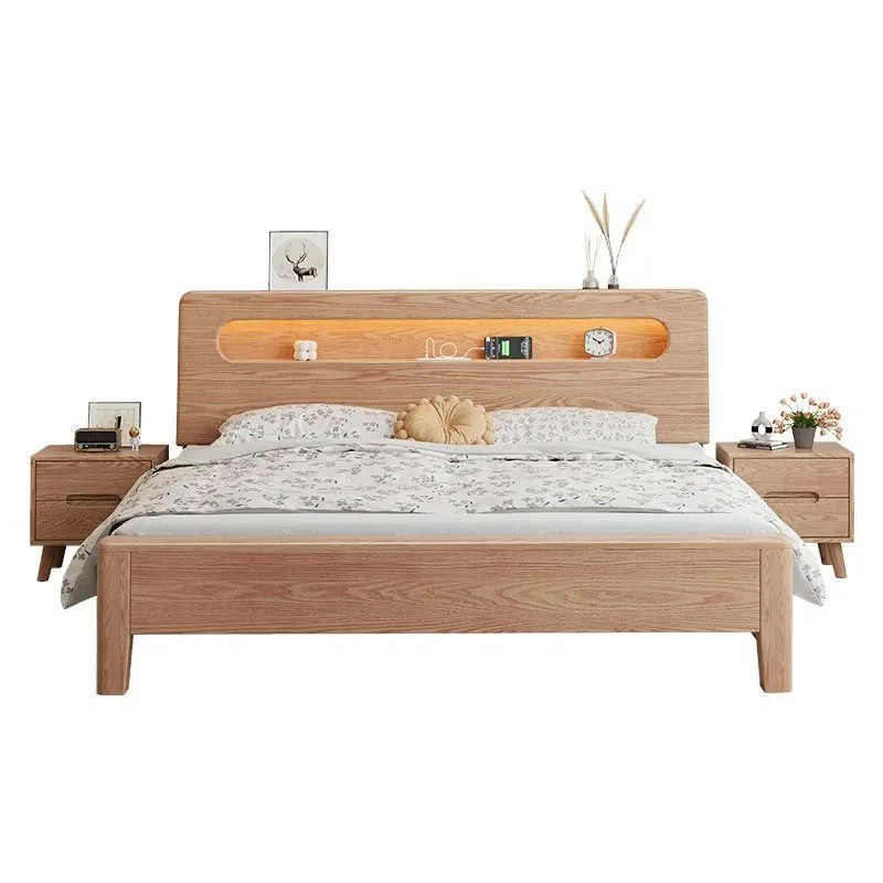 

Nordic Solid Wood Bed for Ash Wood Master Bedroom Small Apartment Log Wind Modern 1.8m USB Night Light High Box Double Bed