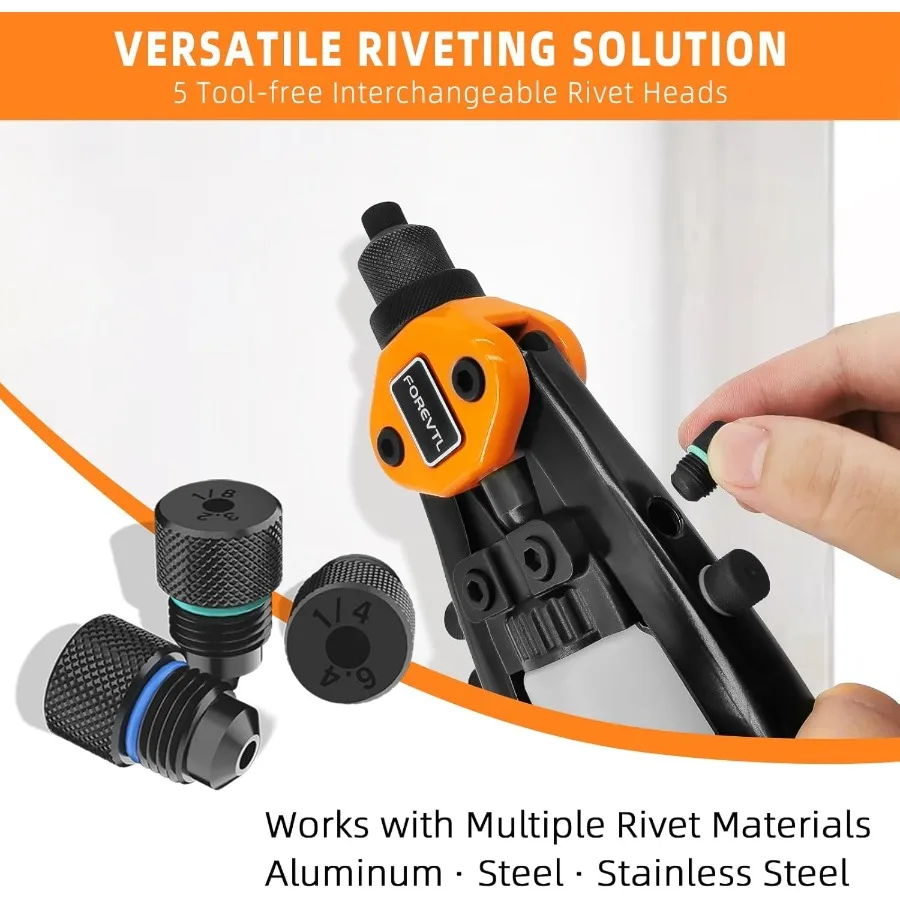 1 4 Inch Heavy Duty Manual Hand Riveter Tool with 210Pcs Blind Rivets and 5 ToolFree Interchangeable Rivet Heads for Metal Plas