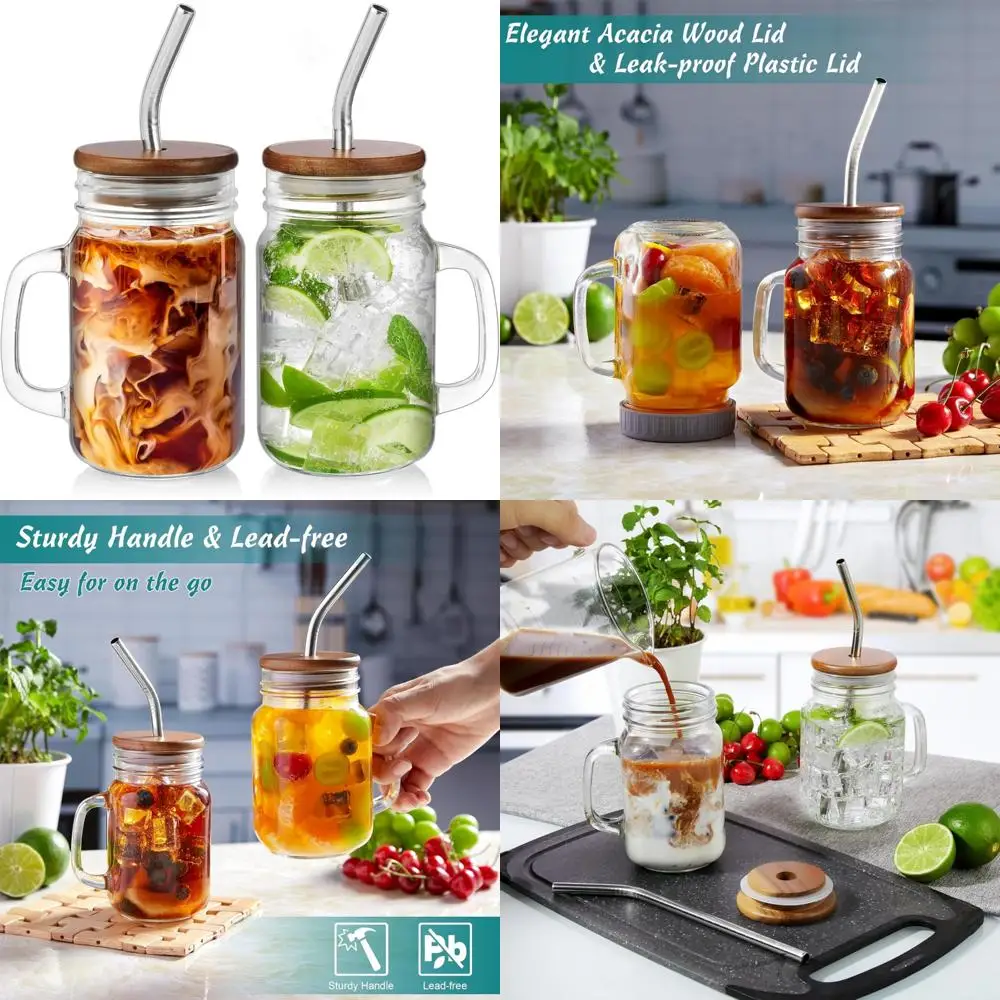

iced coffee cup, 16 oz mason jar cups with handle, small glass coffee mugs with straws and acacia lids, drinking glass cups set