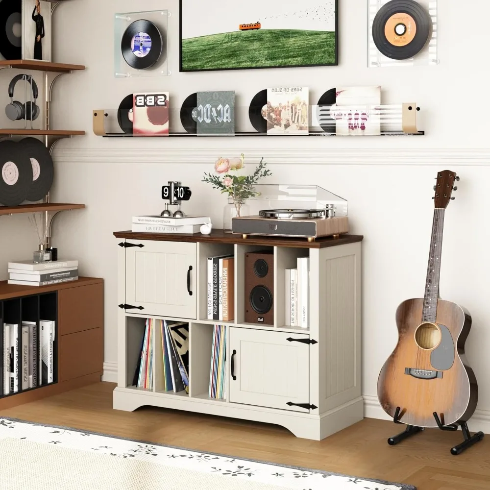 حامل مشغل تسجيل كبير مع مساحة تخزين من الفينيل - حامل قرص دوار 39.5 خزانة تخزين خشبية للمزرعة مع أبواب مغناطيسية، ستيريو M #6