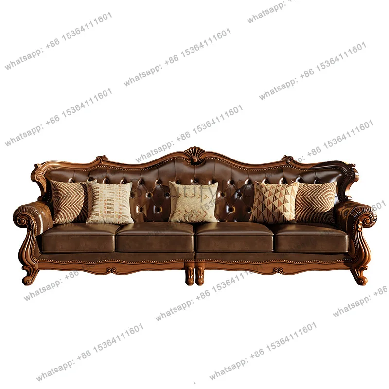 8American rural retro solid wood leather sofa first layer cowhide 123 combination simple beauty living room four people
