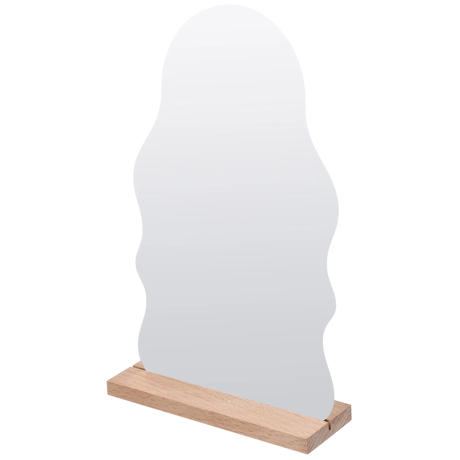 Stijlvolle make-upspiegel van acryl voor bureau Houten basis Staand onregelmatig ontwerp Esthetische tafelspiegel voor make-up tandenpoetsen