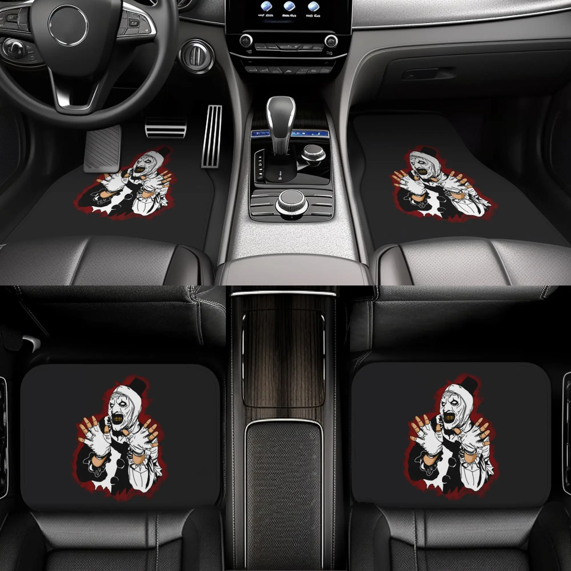 4pcs Set Horror Art Car Floor Mats, Blood Splatter Clown Design With Heart-Shaped Border, Excellent Gothic Decoration For All Ty