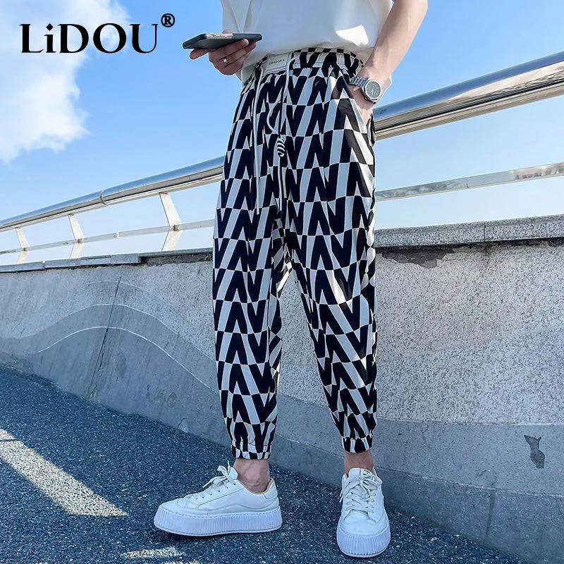 

2023 Summer New Men's Clothing Elastic Waist Printing Contrast Color Ankle Length Pants Man Fashion Loose Casual Haren Pants